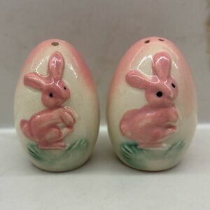 Vintage Egg Shaped Pink Bunny Salt and Pepper Shakers Easter Decor Japan MCM